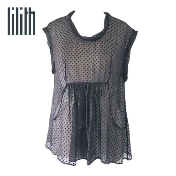 Lilith Tops - LILITH FRANCE SHEER "GUI" TOP GREY TEXTURED POLKA DOT
